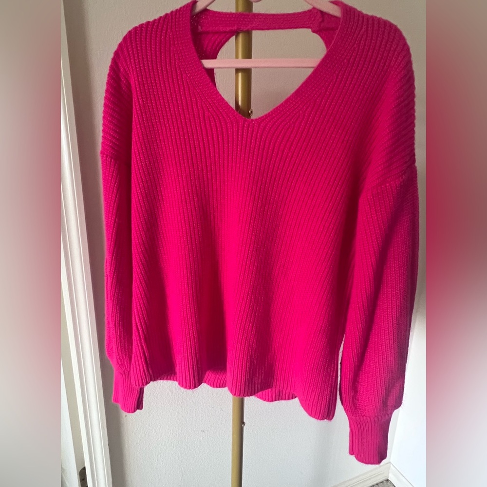 Miss Selfridge Hot Pink V-Neck Open Back Long Sleeve Sweater Women 4 EUC